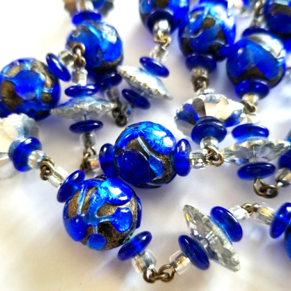 Long Art Glass necklace blue silver flapper chunky big beads cobalt blue